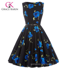 Grace Karin Großhandel Baumwolle ärmellosen Frauen kurz billig 50er Jahre Vintage Blumen gedruckt Retro Style Kleider CL6086-24